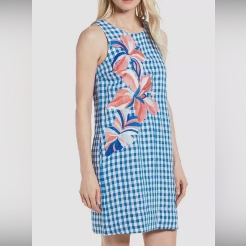 Tommy Bahama Blue and White Gingham Embroidered Dress